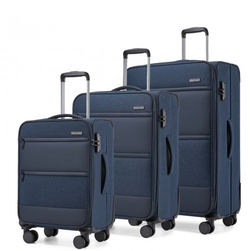 British Traveller Sleek Tough 3-Piece Travel Soft-Shell Suitcase with Silent TPE Spinners, TSA Security and Expandable Checked Sizes