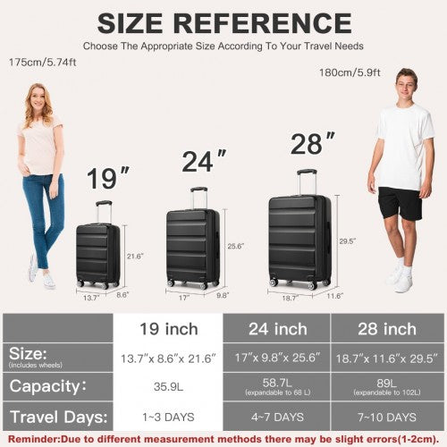 Kono 19 Inch Stylish Horizontal Engraved Hard Shell ABS+PC Cabin Carry-On Suitcase with TSA Lock - Black