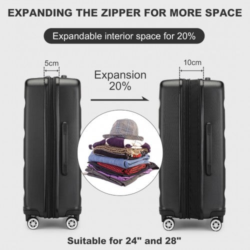 Kono 28 Inch Expandable Horizontal Engraved Hard Shell ABS+PC Check-In Suitcase with TSA Lock - Black