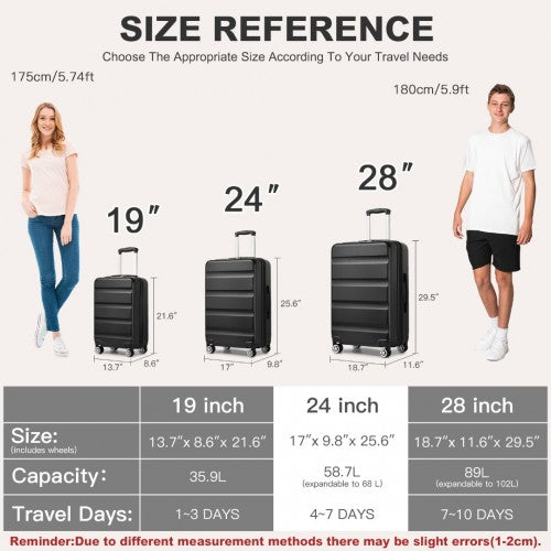 Kono 24 Inch Expandable Horizontal Engraved Hard Shell ABS+PC Check-In Suitcase with TSA Lock - Black