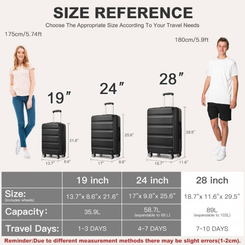 Kono 28 Inch Expandable Horizontal Engraved Hard Shell ABS+PC Check-In Suitcase with TSA Lock - Black