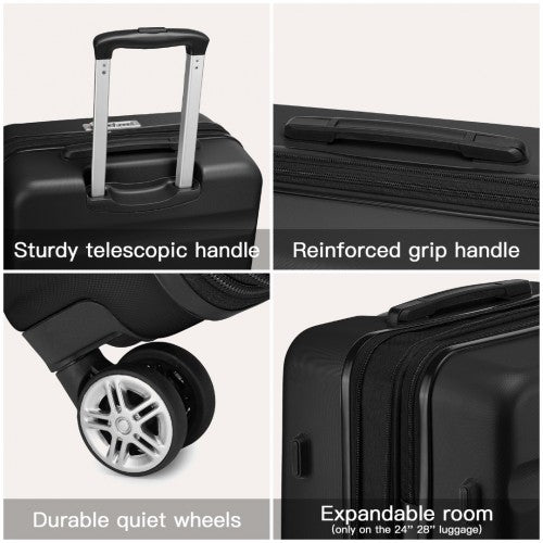 Kono 3-Piece Horizontal Engraved Hard Shell ABS+PC Suitcase with TSA Lock - Black