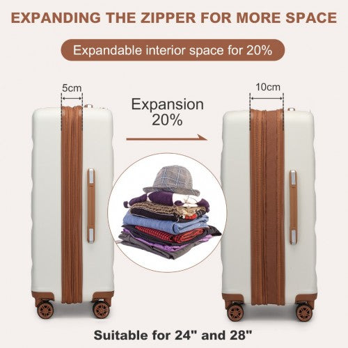 Kono 24 Inch Expandable Horizontal Engraved Hard Shell ABS+PC Check-In Suitcase with TSA Lock - Cream