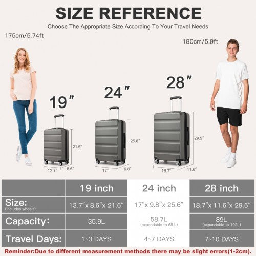 Kono 24 Inch Expandable Horizontal Engraved Hard Shell ABS+PC Check-In Suitcase with TSA Lock - Grey