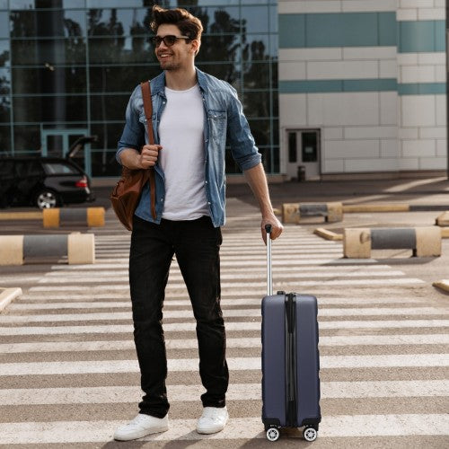 Kono 19 Inch Stylish Horizontal Engraved Hard Shell ABS+PC Cabin Carry-On Suitcase with TSA Lock - Navy