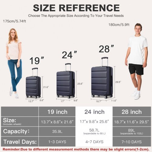Kono 24 Inch Expandable Horizontal Engraved Hard Shell ABS+PC Check-In Suitcase with TSA Lock - Navy