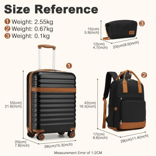 Kono 20 Inch Stylish Hard Shell ABS+PC Cabin Suitcase included Multi-Compartment Backpack with Small Pouch 3 Piece Travel Set - Black/Brown