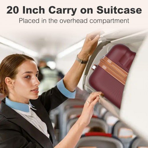 Kono 20 Inch Stylish Lightweight Hard Shell ABS+PC Cabin Carry-On Suitcase with TSA Lock for Enhanced Security - Burgundy and Brown