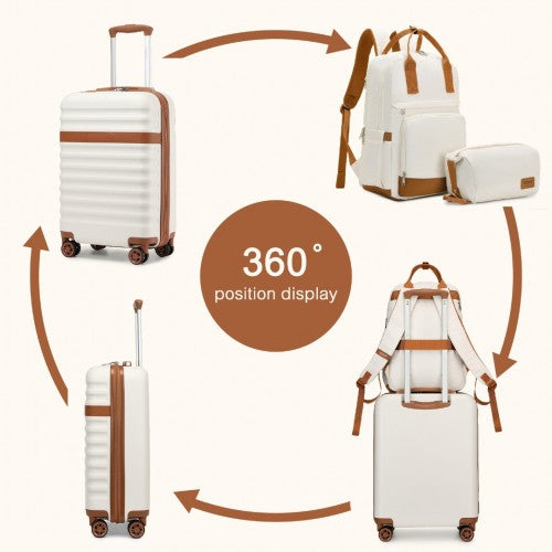 Kono 20 Inch Stylish Hard Shell ABS+PC Cabin Suitcase included Multi-Compartment Backpack with Small Pouch 3 Piece Travel Set - Cream/Brown