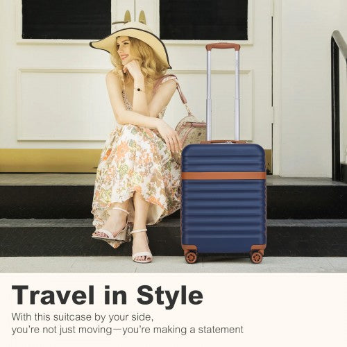 Kono 20 Inch Stylish Lightweight Hard Shell ABS+PC Cabin Carry-On Suitcase with TSA Lock for Enhanced Security - Navy and Brown