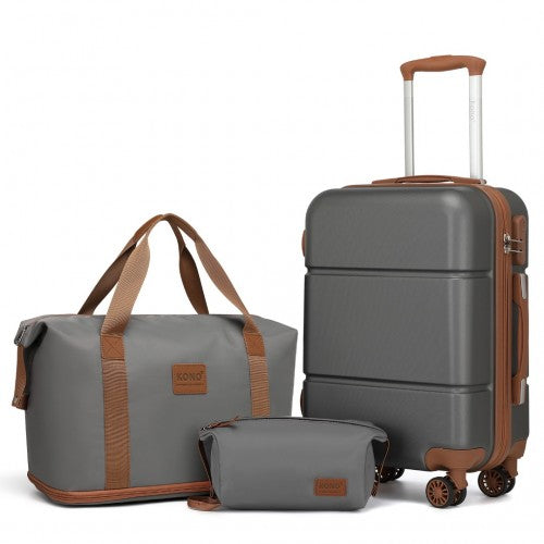 Kono 20 Inch Premium ABS Cabin Carry-On Suitcase Set With Weekend Bag And Toiletry Bag - Grey/Brown