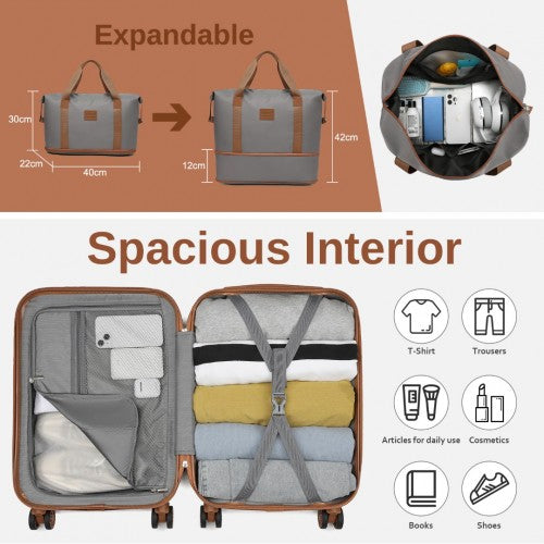 Kono 20 Inch Premium ABS Cabin Carry-On Suitcase Set With Weekend Bag And Toiletry Bag - Grey/Brown