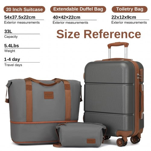 Kono 20 Inch Premium ABS Cabin Carry-On Suitcase Set With Weekend Bag And Toiletry Bag - Grey/Brown