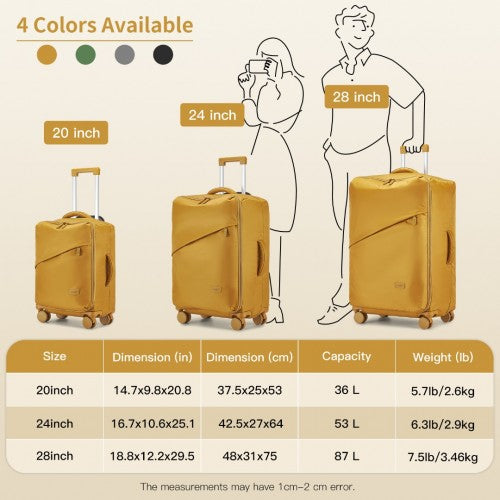 Kono 3-Piece 20/24/28 Inch Lightweight Durable Soft Shell Suitcase Set with TSA Lock and Separate Wet/Dry Compartment - Yellow