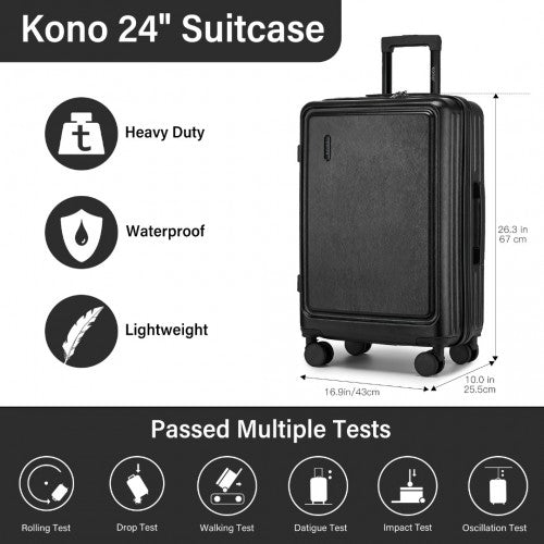 Kono Durable 24 Inch ABS+PC Hardshell Suitcase with TSA Lock Lightweight Travel Luggage with 360° Spinner Wheels - Black