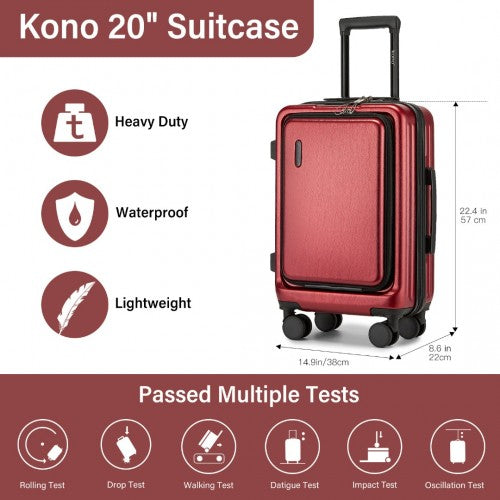 Kono Durable ABS+PC 20 inch Carry-On Hardshell Suitcase with TSA Lock & Front Laptop Compartment - Burgundy