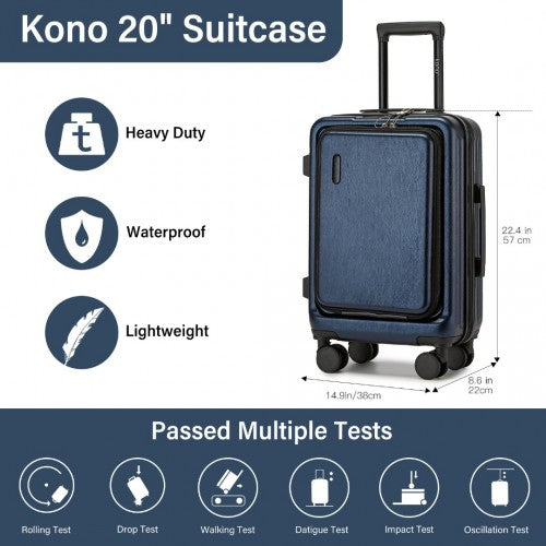 Kono Durable ABS+PC 20 inch Carry-On Hardshell Suitcase with TSA Lock & Front Laptop Compartment - Navy