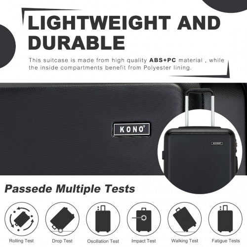 Kono 3-Piece Minimalist Hard Shell ABS+PC Luggage Set with TSA Lock and 360° Spinner Wheels - Black
