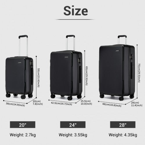 Kono 3-Piece Minimalist Hard Shell ABS+PC Luggage Set with TSA Lock and 360° Spinner Wheels - Black