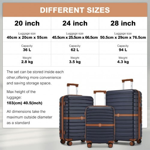 Kono ABS+PC Striped Design with Colour-Block Details 3-Piece Hardshell Luggage Set with Spinner Wheels