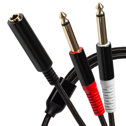 ProSound Twin 1/4" 6.3mm 2 Pole Jack Plugs to Single 1/4" 6.35mm Female Jack Socket Cable - Black, 0.2m