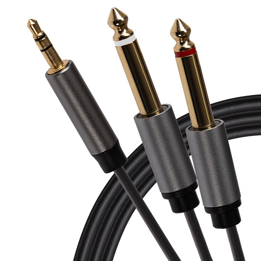 ProSound Twin 1/4" 6.35mm 2-Pole Jack Plugs to Single 3.5mm 3-Pole Jack Plug Cable - Black, 3m