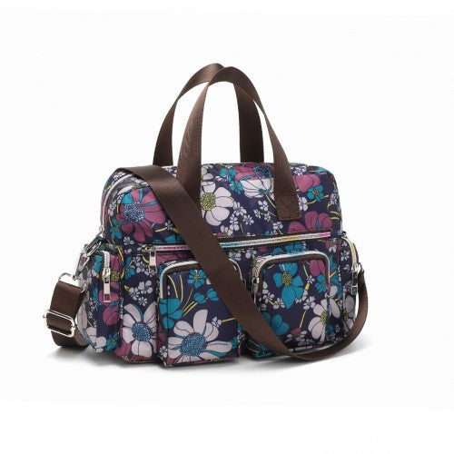 Kono Versatile Multi-Pocket Travel Bag with Adjustable Detachable Strap and Flower Print - Navy