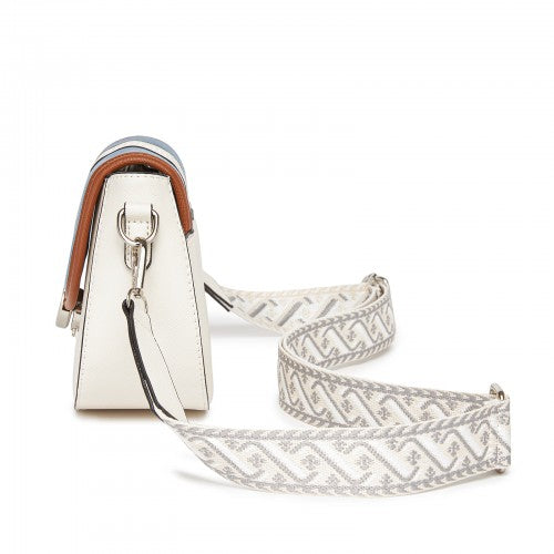 Miss Lulu Women’s PU Leather Ethnic Style Crossbody Bag with Corduroy Flap and Adjustable Strap - Blue and Beige