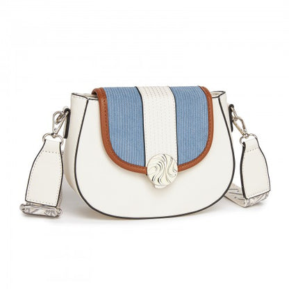 Miss Lulu Women’s PU Leather Ethnic Style Crossbody Bag with Corduroy Flap and Adjustable Strap - Blue and Beige