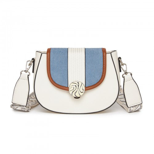 Miss Lulu Women’s PU Leather Ethnic Style Crossbody Bag with Corduroy Flap and Adjustable Strap - Blue and Beige