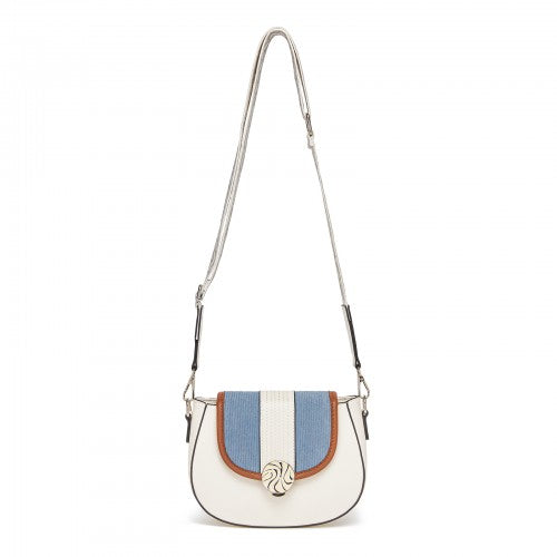 Miss Lulu Women’s PU Leather Ethnic Style Crossbody Bag with Corduroy Flap and Adjustable Strap - Blue and Beige