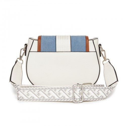 Miss Lulu Women’s PU Leather Ethnic Style Crossbody Bag with Corduroy Flap and Adjustable Strap - Blue and Beige