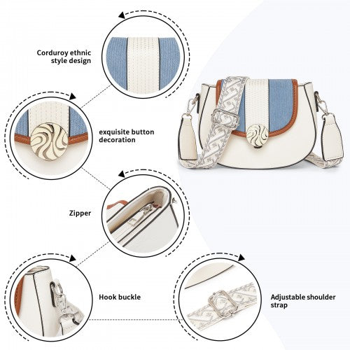 Miss Lulu Women’s PU Leather Ethnic Style Crossbody Bag with Corduroy Flap and Adjustable Strap - Blue and Beige