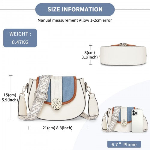 Miss Lulu Women’s PU Leather Ethnic Style Crossbody Bag with Corduroy Flap and Adjustable Strap - Blue and Beige