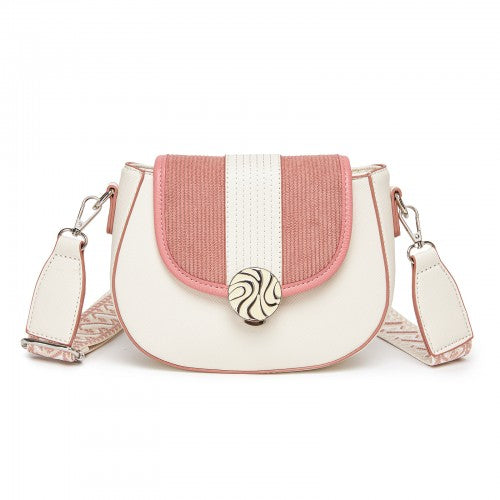 Miss Lulu Women’s PU Leather Ethnic Style Crossbody Bag with Corduroy Flap and Adjustable Strap - Pink and Beige