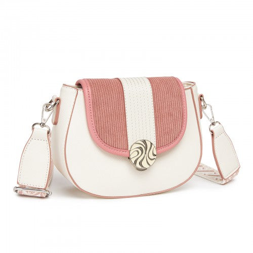 Miss Lulu Women’s PU Leather Ethnic Style Crossbody Bag with Corduroy Flap and Adjustable Strap - Pink and Beige