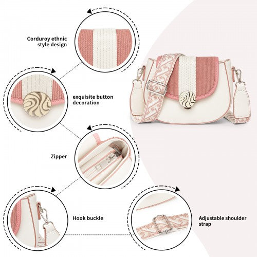 Miss Lulu Women’s PU Leather Ethnic Style Crossbody Bag with Corduroy Flap and Adjustable Strap - Pink and Beige