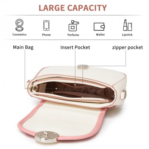 Miss Lulu Women’s PU Leather Ethnic Style Crossbody Bag with Corduroy Flap and Adjustable Strap - Pink and Beige