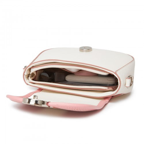 Miss Lulu Women’s PU Leather Ethnic Style Crossbody Bag with Corduroy Flap and Adjustable Strap - Pink and Beige