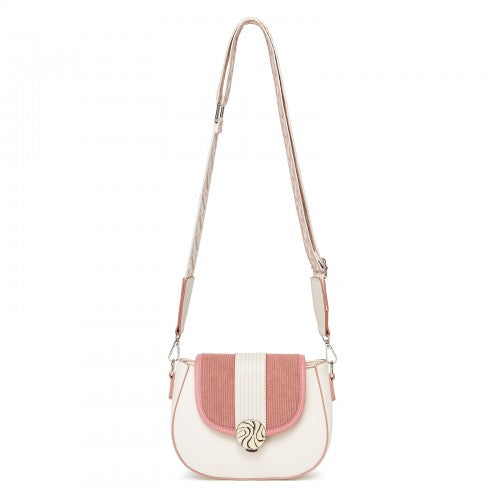 Miss Lulu Women’s PU Leather Ethnic Style Crossbody Bag with Corduroy Flap and Adjustable Strap - Pink and Beige
