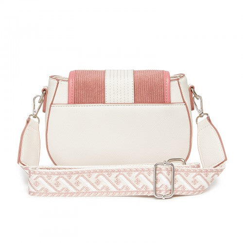 Miss Lulu Women’s PU Leather Ethnic Style Crossbody Bag with Corduroy Flap and Adjustable Strap - Pink and Beige