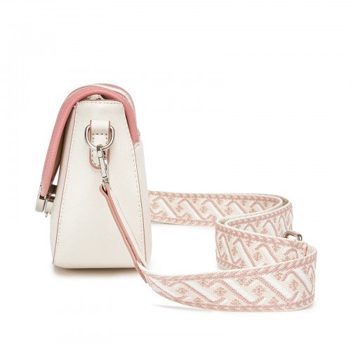 Miss Lulu Women’s PU Leather Ethnic Style Crossbody Bag with Corduroy Flap and Adjustable Strap - Pink and Beige