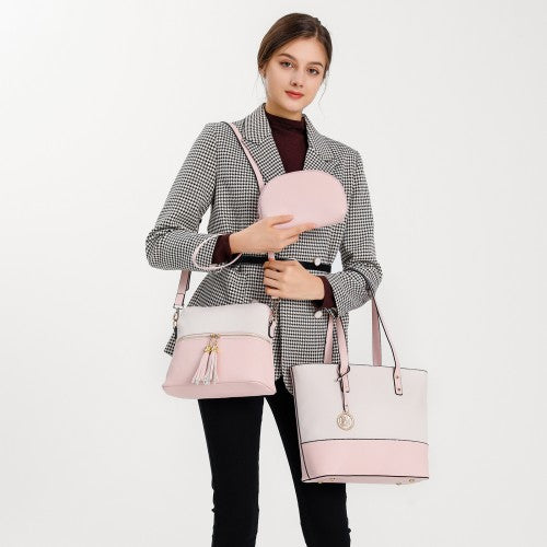 Miss Lulu 3 Piece Leather Look Tote Bag Set - Pink And Beige