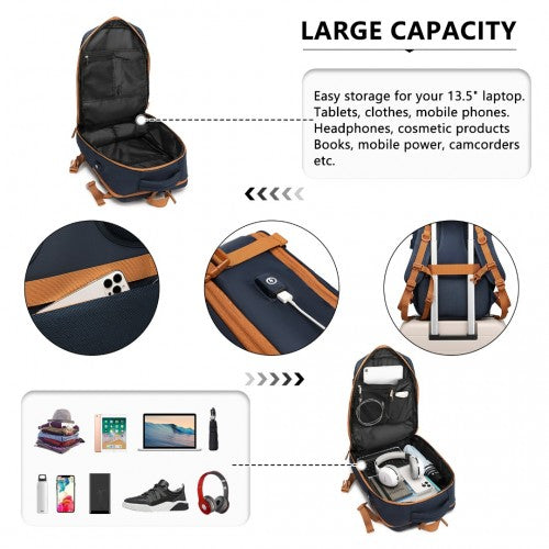 Water-Resistant Functional Backpack With Shoe Compartment And USB Charing Port - Navy