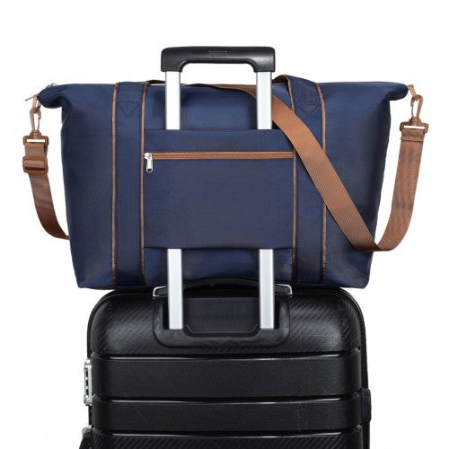 Kono Lightweight Waterproof Weekender Tote Bag Foldable Cabin Flight Duffel Ideal for Underseat Carry-On Travel - Navy/Brown