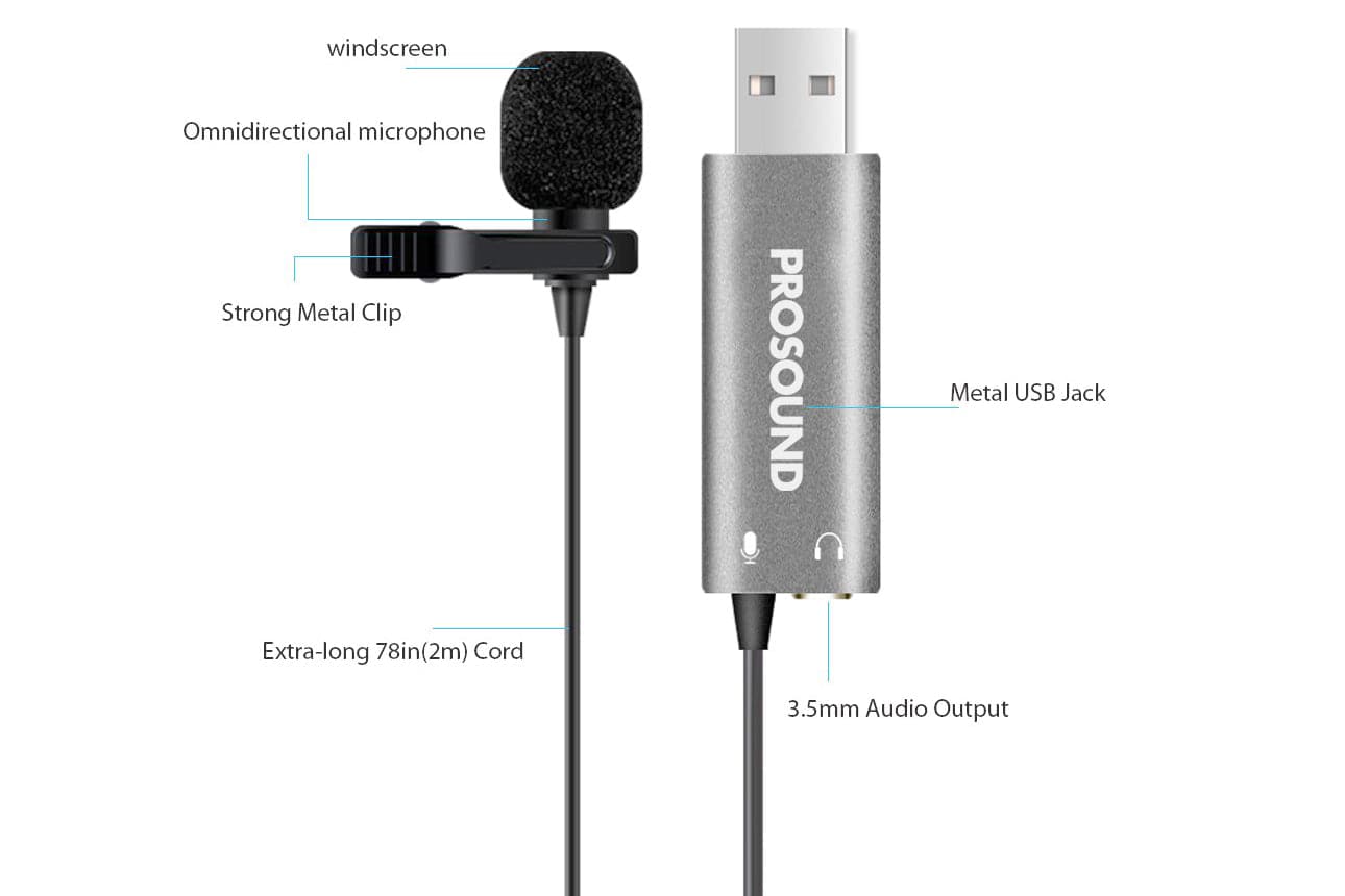 ProSound Lavalier USB-A Microphone Omnidirectional Electret Condenser with 3.5mm Audio Socket