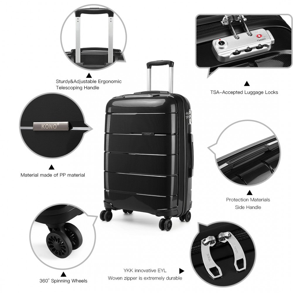 Kono 20/24/28” Hard Shell PP Suitcase Set - Black