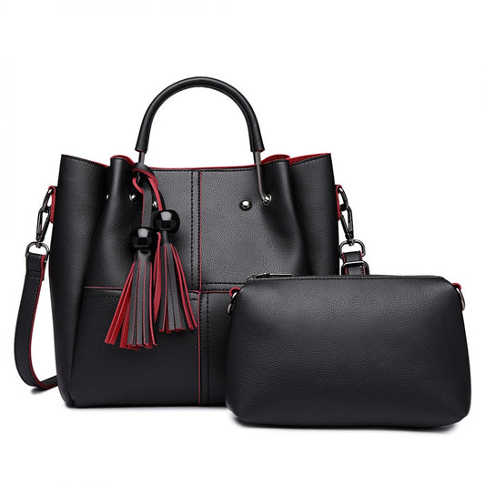 Miss Lulu Leather Look 2 In 1 Bucket Handbag - Black