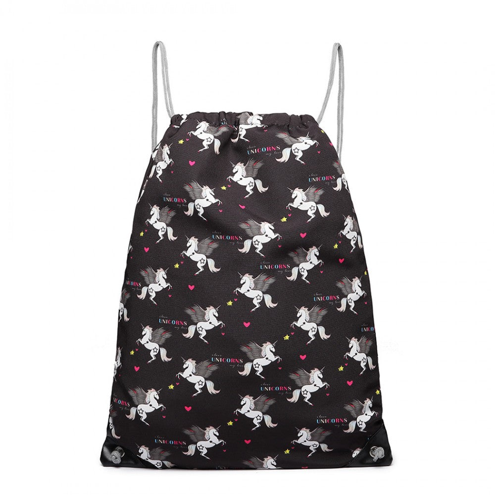 Miss Lulu Unicorn Print Drawstring Backpack - Black