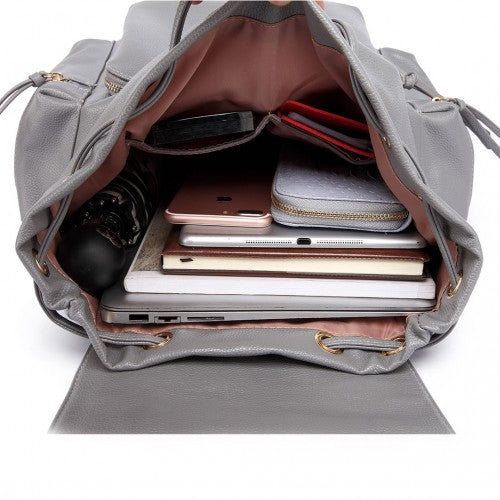 Miss Lulu Pu Leather Multi-Pocketslarge Backpack Grey